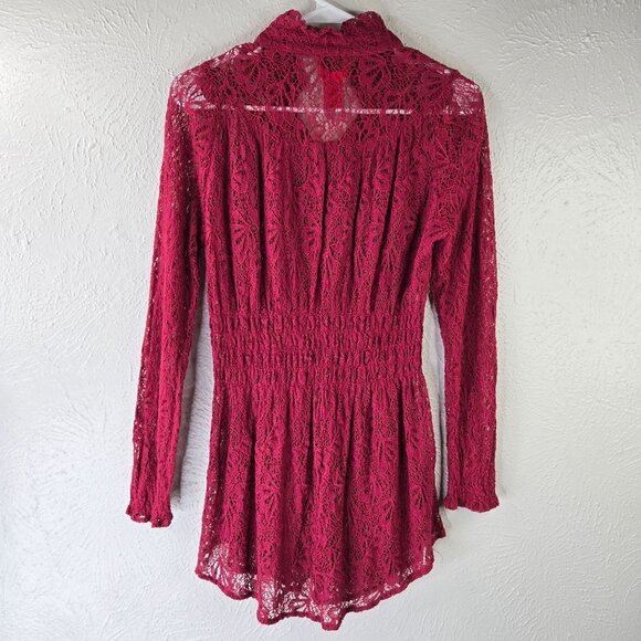 Cristina Tunic Red Floral Lace Sheer Button Front Bell Sleeve Fairy Glam Shirt - Picture 2 of 12